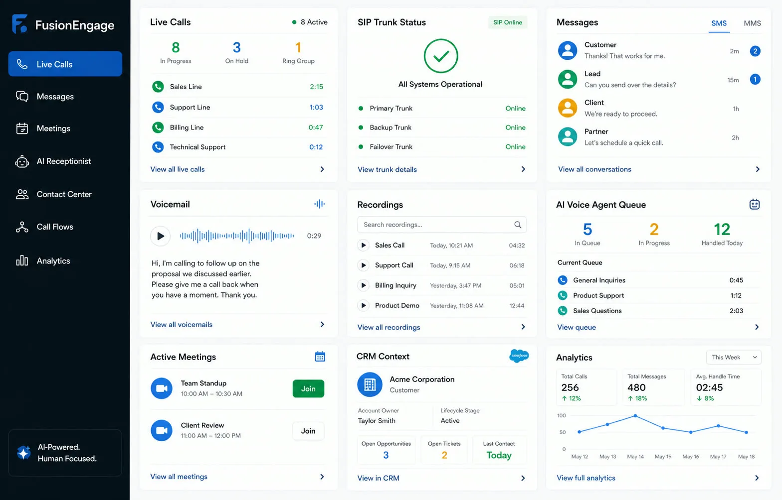 Engage communications console with live calls, trunk status, messages, voicemail, recordings, meetings, and analytics