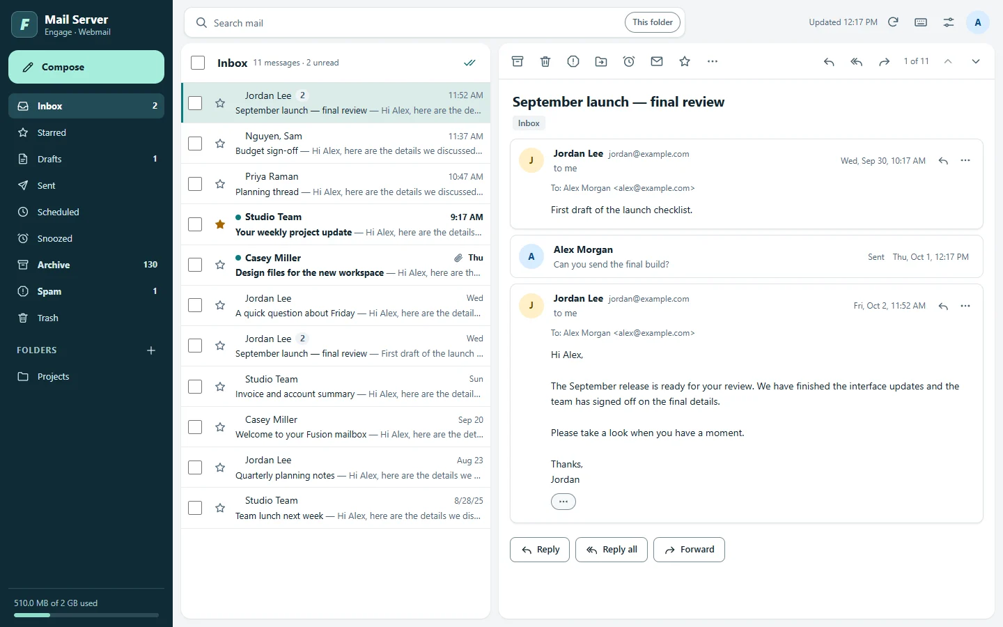 Webmail showing an inbox conversation